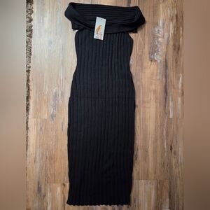 PrettyGarden Black Ribbed Off Shoulder Bodycon Midi Dress NWT Size S